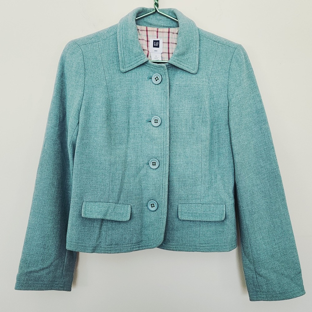 GAP Womens Seafoam Green Wool Blend Plaid Lined Button Blazer Jacket Size 4